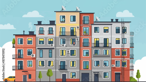 Colorful Apartment Buildings Facade With Windows And Balconies.