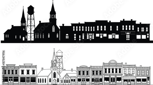 Small town main street skyline silhouettes featuring historic church water tower and storefront buildings black and white flat vector illustration