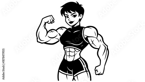 sport girl with big muscles and nice press showing off her body black and white vector illustration