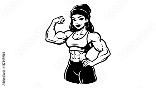 modern girl with big muscles posing black and white shape vector illustration tattoo