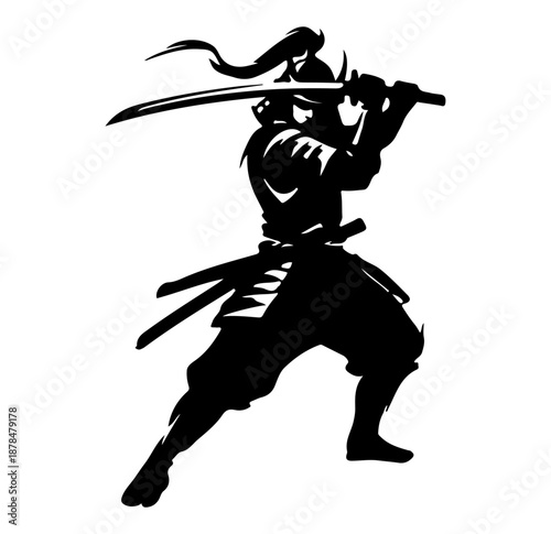 shape of a samurai with Katana sword in the fighting position vector black and white illustration