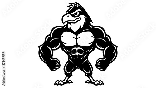 vector shape illustration of a bird with big muscles standing on two feet black and white tattoo type silhouette