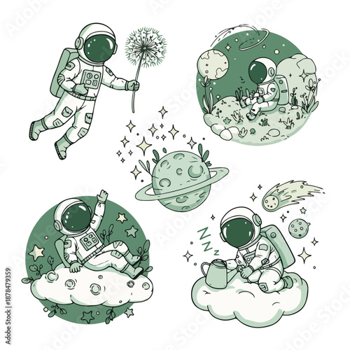 Cute illustration of astronauts in space with planets, stars, and plants, whimsical and dreamy space exploration