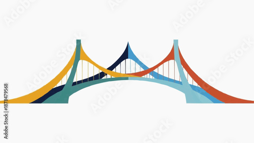 Abstract bridge illustration with colorful curved lines and geometric shapes
