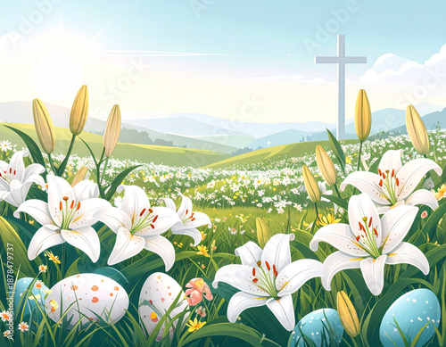 Easter Lilies and Eggs in Sunlight