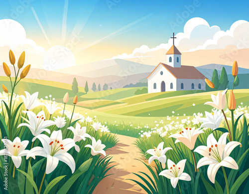 Easter Lilies and Eggs in Sunlight