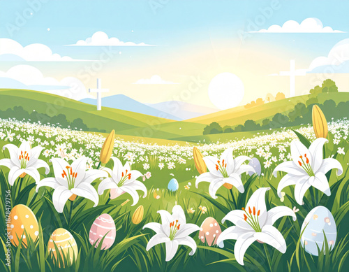 Easter Lilies and Eggs in Sunlight