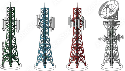 Telecommunication and cellular network towers set with antennas and satellite dish isolated on white background for wireless communication infrastructure design