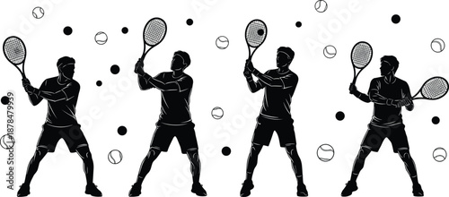 Tennis player silhouettes performing forehand and backhand strokes with flying balls dynamic sports action black and white flat vector illustration