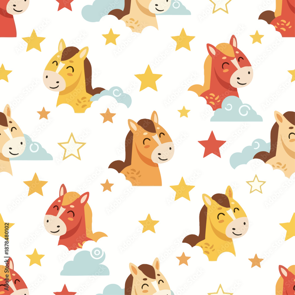 Fototapeta premium Cute horses, clouds, stars pattern, Chinese New Year, flat vector, no glow, 2026 trend
