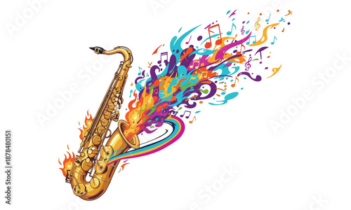 Dynamic abstract illustration showcasing a saxophone ablaze with vibrant, fiery colors and a swirling explosion of musical notes, symbolizing creativity, passion, and the lively spirit of music