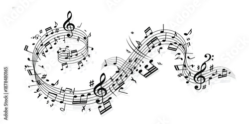 Vibrant musical clef with colorful splashes, notes, and drum, representing the dynamic energy of music and sound creation