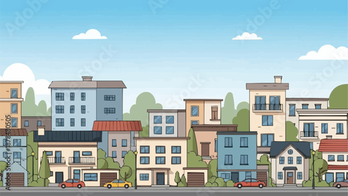 Cityscape with Buildings and Cars on Street.