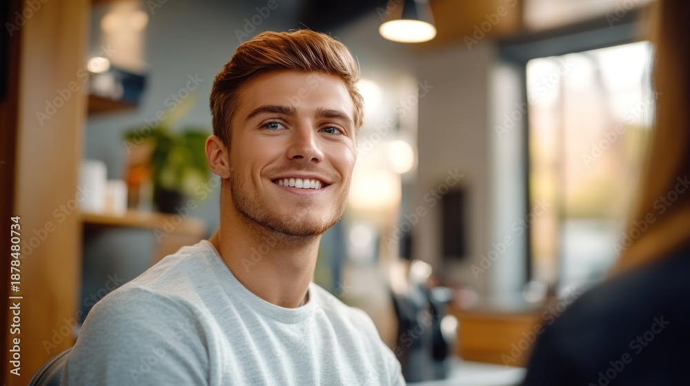 Fototapeta premium Young man smiles during conversation in a cafe setting in the afternoon light