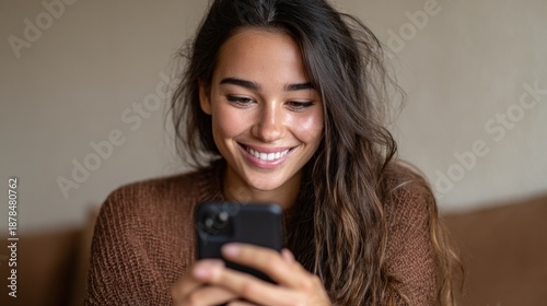 Young woman smiles while using smartphone in indoor setting with soft lighting and casual clothing