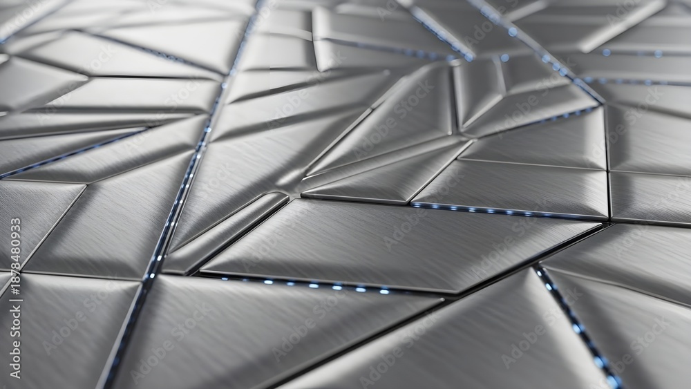 Obraz premium AI Metal Background with Futuristic Polygonal Surface Blue LED Lines and Brushed Texture
