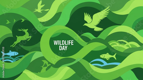 Wildlife day illustration with animals and green ribbon design for conservation and awareness campaign