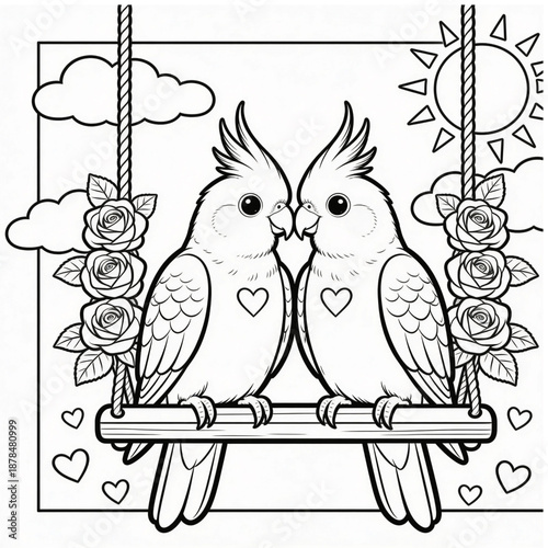 Lovebirds on a swing: Two charming lovebirds share a tender moment, perched together on a swing amidst a scene of love, with a backdrop of hearts, clouds and sunshine.