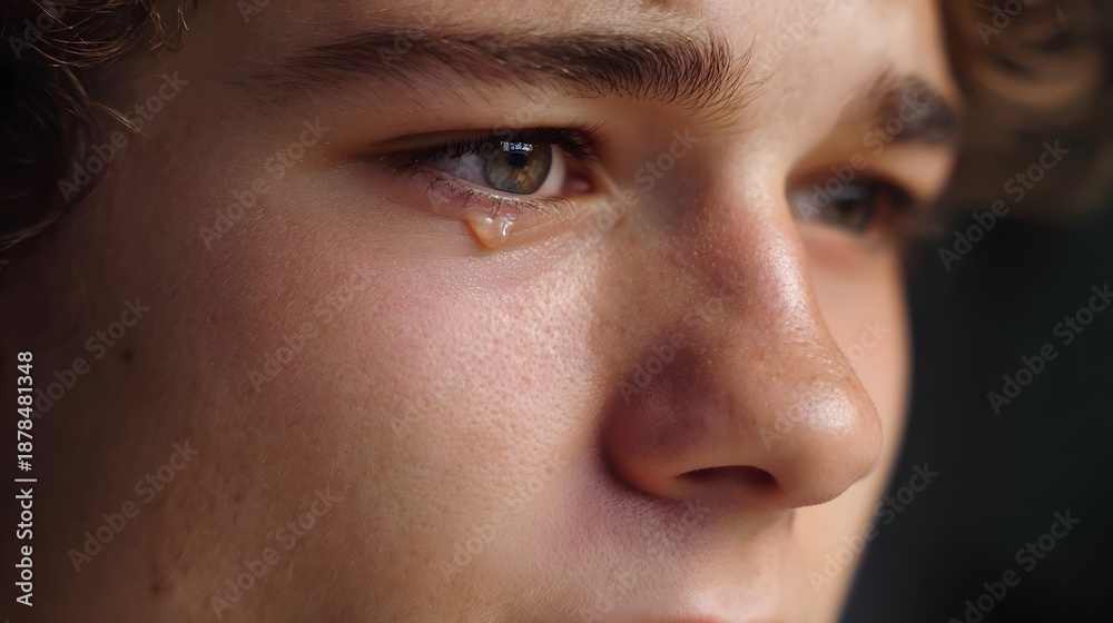 Fototapeta premium Close up of a young person s eye with a tear rolling down their cheek showing deep sadness