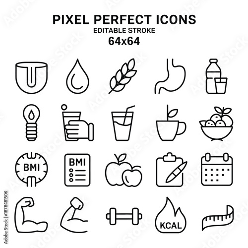 Editable stroke icons for healthy lifestyle and nutrition