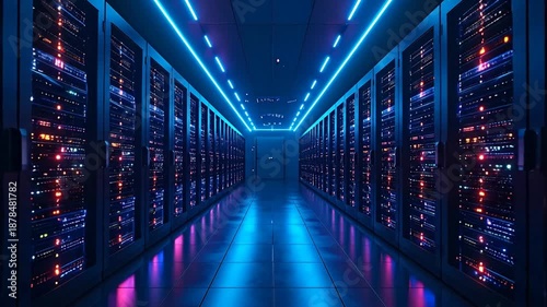 A neon lit server room shows rows of data racks and reflective floors, a gateway to a data center