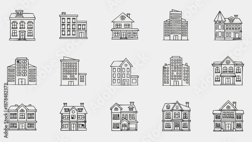 Collection of diverse building outlines architectural styles.