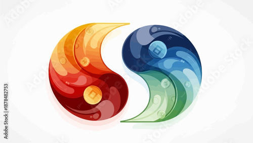 Stylized Yin and Yang symbol illustrates the concept of duality and balance, featuring opposing warm red and cool blue colors with a glossy, dynamic texture.