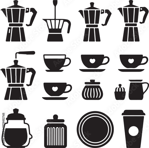 black silhouettes of coffee makers and cups on white