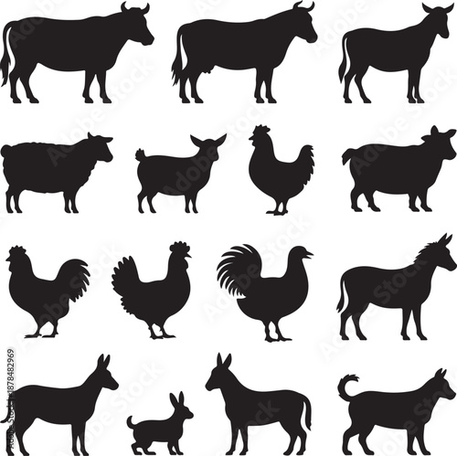 black silhouettes of farm animals standing in various positions