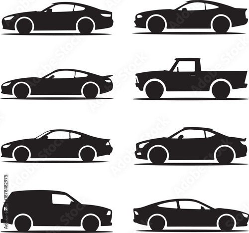 black silhouettes of different cars on white background
