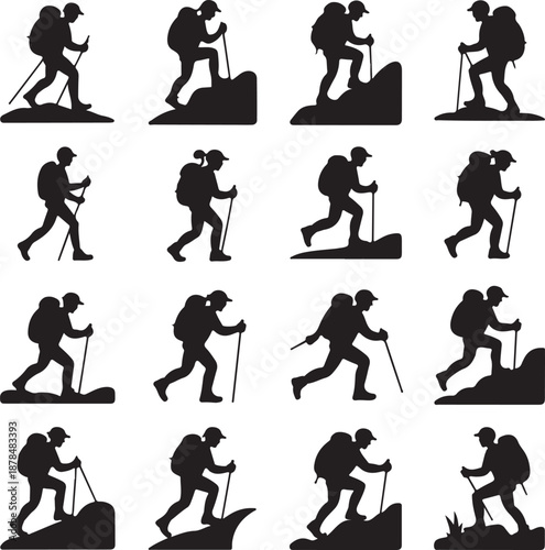 black silhouettes of people hiking with trekking poles on white background