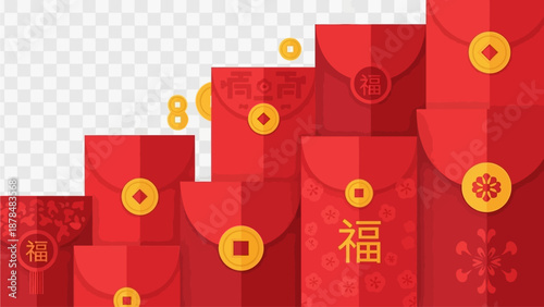 A collection of varying sizes of red Hongbao envelopes with gold coins is displayed against a transparent background for Lunar New Year celebrations.