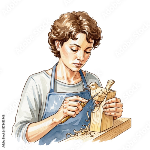 female artisan carving wood. Young wood carver creating a delicate bird sculpture with a chisel, focused artisan at work in a workshop