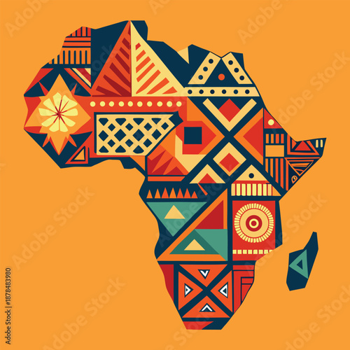 Map of Africa Decorated with Vibrant Geometric Tribal Patterns and Cultural Symbols on Yellow Background