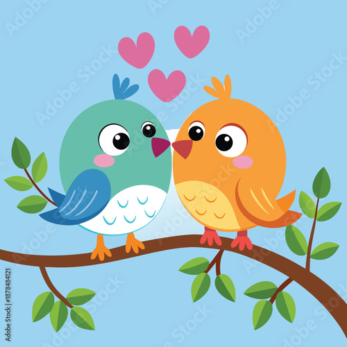 Pair of Cute Cartoon Birds Sitting on a Tree Branch with Hearts Above, Love and Romance Illustration