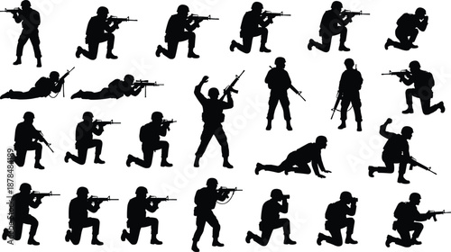 Military soldier silhouettes collection, armed infantry combat poses, tactical movement and shooting actions isolated on white background vector set