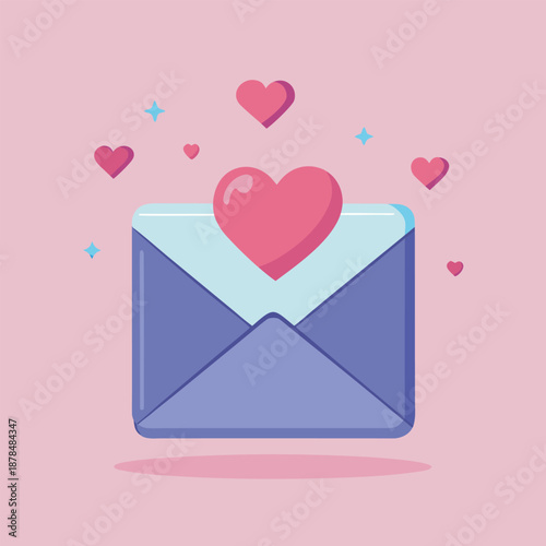 Purple Love Letter Envelope with Floating Hearts and Sparkles Concept for Romantic Communication
