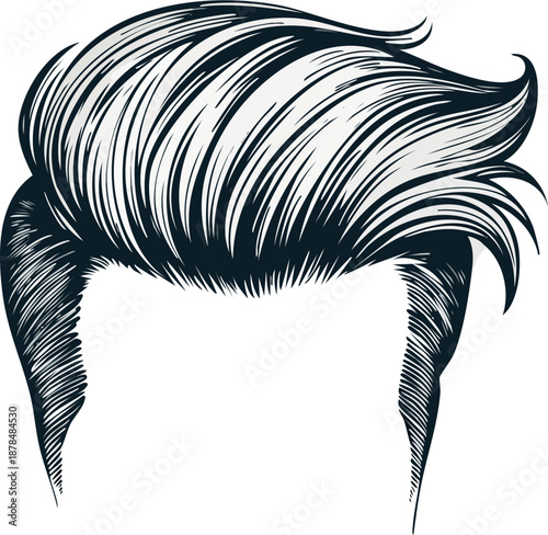 Classic pompadour hairstyle illustration, faceless, hand-drawn vector engraving