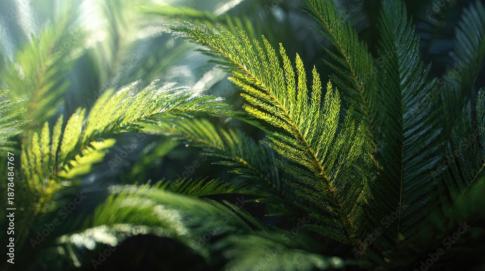 Fototapeta premium Close up of vibrant green plant fronds illuminated by sunlight