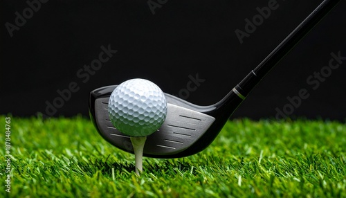 Golfing precision A close-up of a golf ball and club poised on a tee amidst lush green grass
