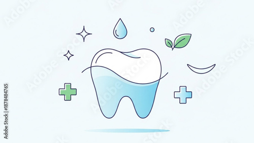 Tooth with fresh mint leaves and water droplets surrounded by medical symbols representing oral health and hygiene