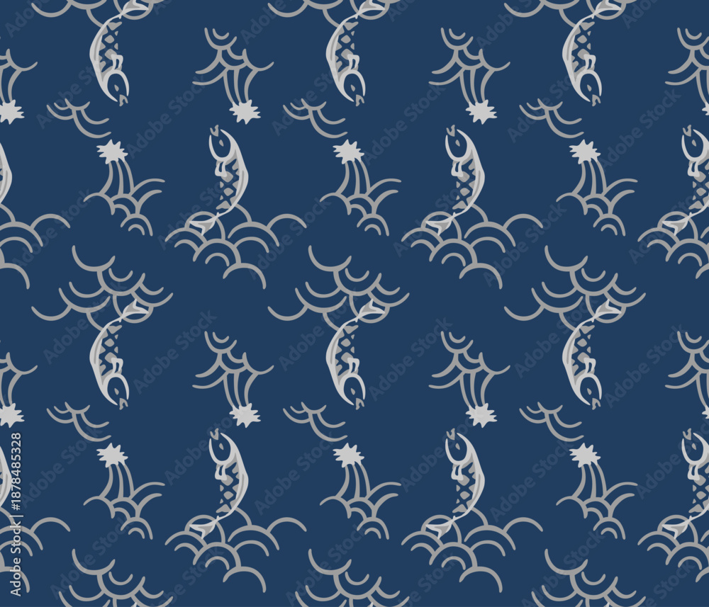 Fototapeta premium Japanese Fish Wave Motif Vector Seamless Pattern