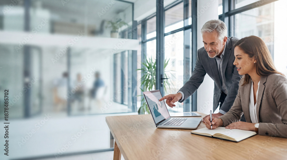 Obraz premium Two professional business people working together. Partners mature man and woman discussing project in office. Team leader explain trainee working process using tablet pc computer. Banner, copy space