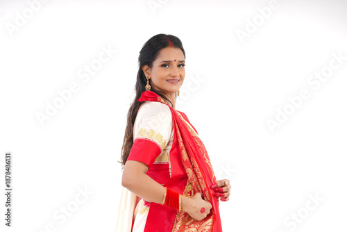 Young women celebrating durga pooja,Bengali Indian women 