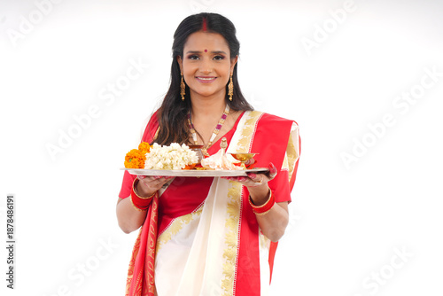 Young women celebrating durga pooja,Bengali Indian women 