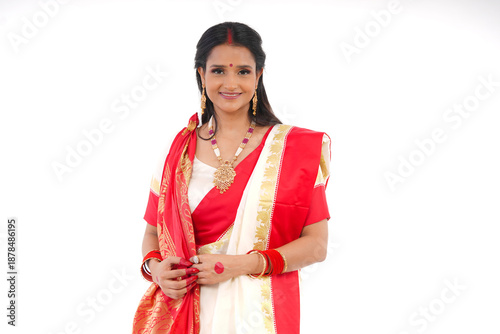 Young women celebrating durga pooja,Bengali Indian women 