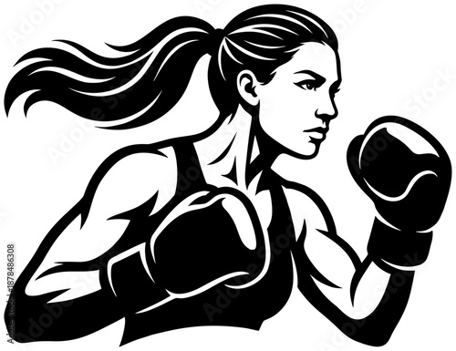 Female boxer silhouette moving forward with raised gloves during an active boxing motion.