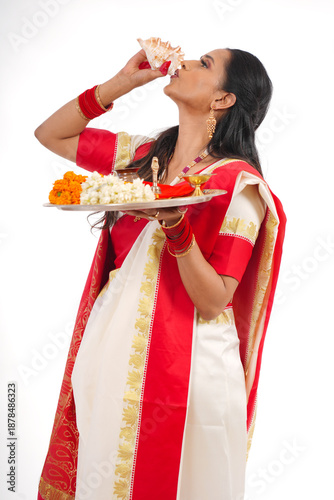 Young women celebrating durga pooja,Bengali Indian women 