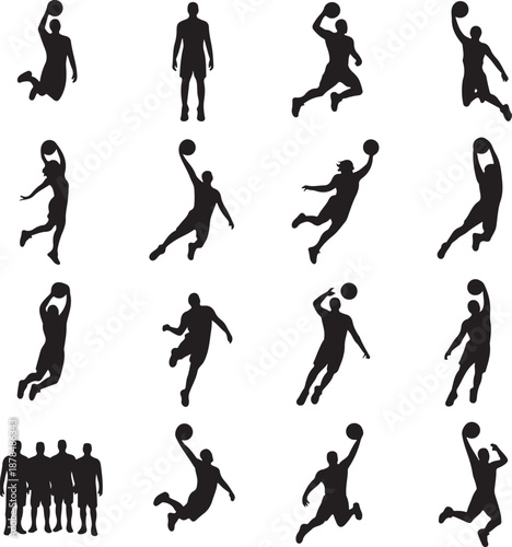 Collection of black silhouettes of basketball players in various poses