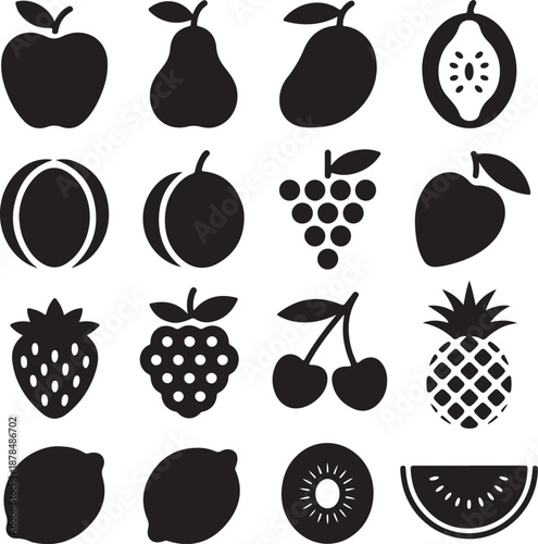 collection of fruit icons in solid black color on white background
